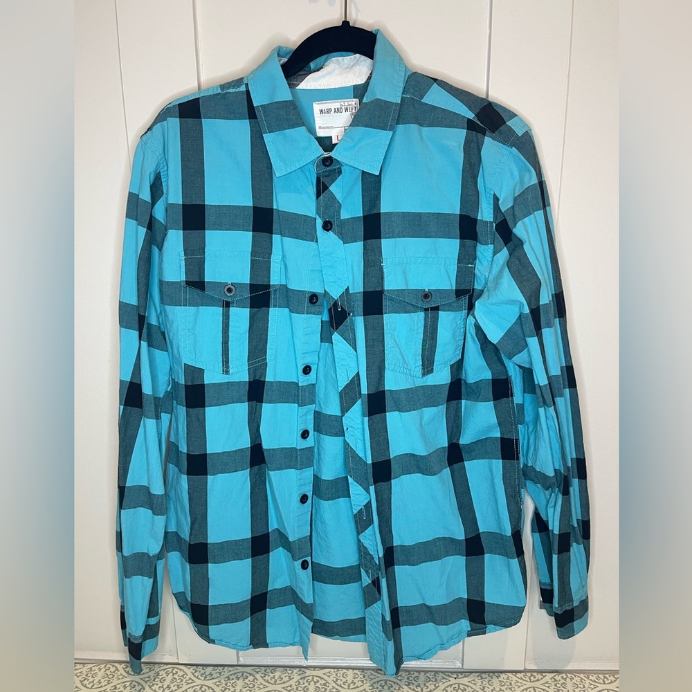 Warp and Weft Blue/Black Plaid Button Down Shirt Size Large Preloved